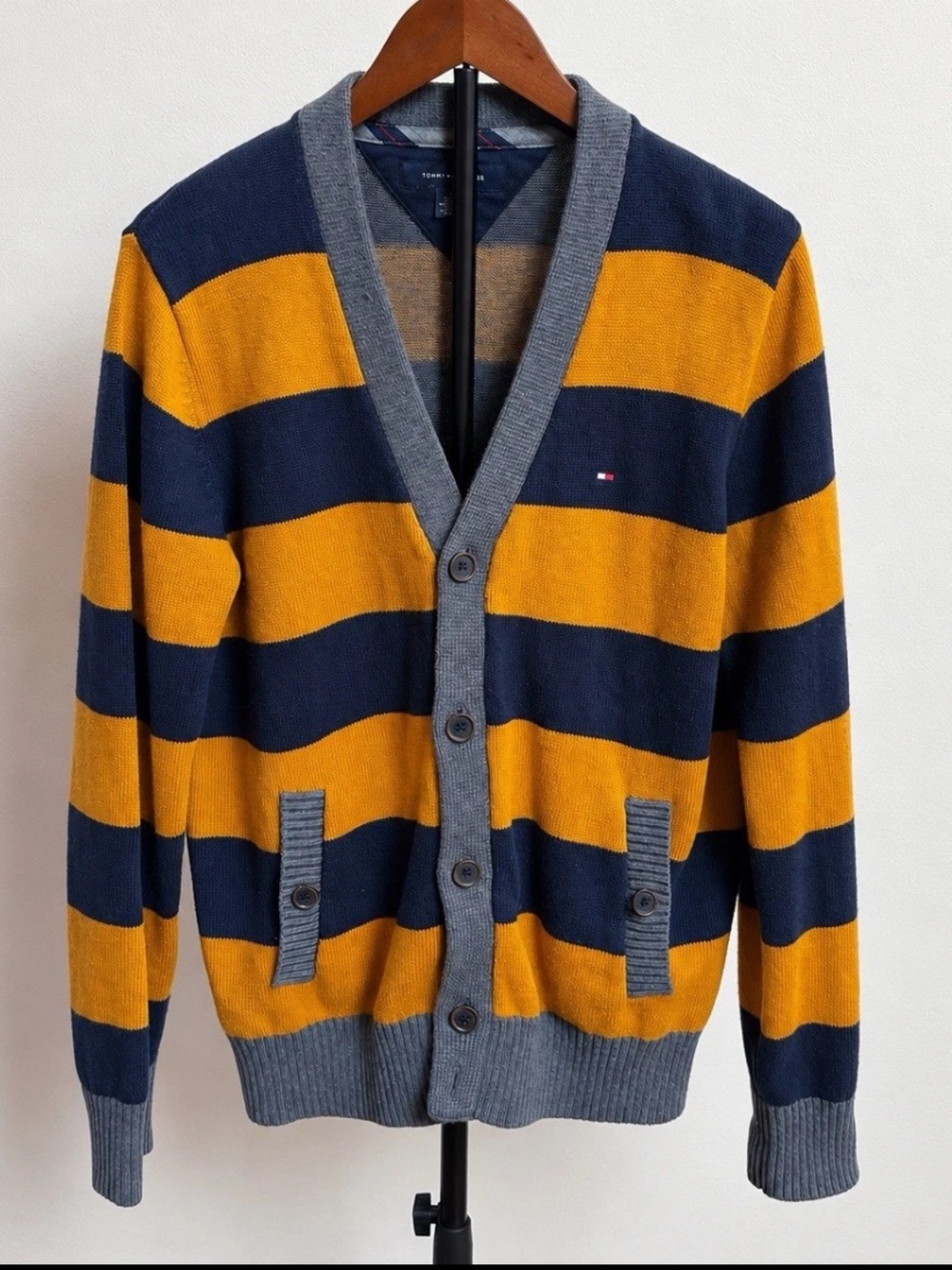 Tommy Hilfiger Men’s M Navy Mustard Striped Cardigan Preppy